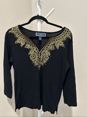 Karen Scott Black Long Sleeve Top with Gold Embroidered V-Neck